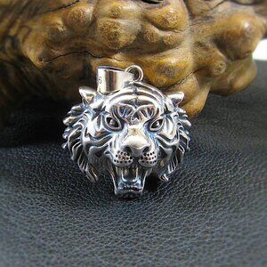 Solid 925 Sterling Silver Tiger Head Pendant, Men's Spirit Animal Totem Jewelry